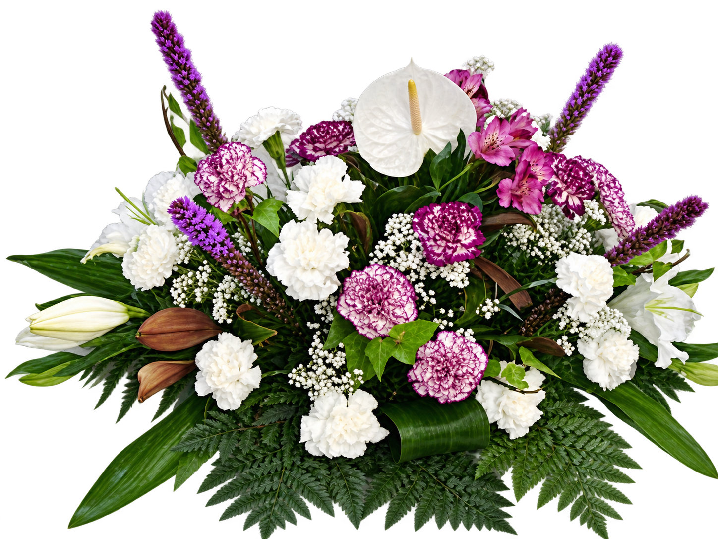 Centro de anturio, rosas, claveles, lilium y liatris