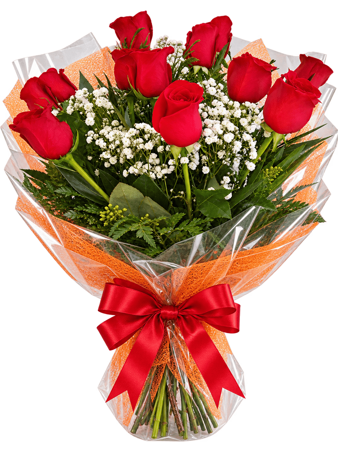 Ramo de rosas rojas Explorer con flor blanca de acompañamiento, envoltorio naranja y lazo rojo